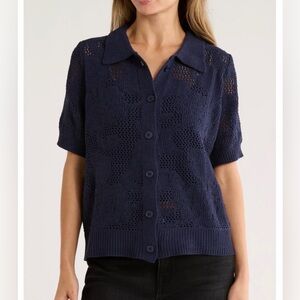 Bobeau Navy Blue Short Sleeve Knit Cardigan Floral